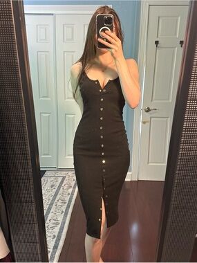Black ribbed Button-Front Bodycon Midi Dress